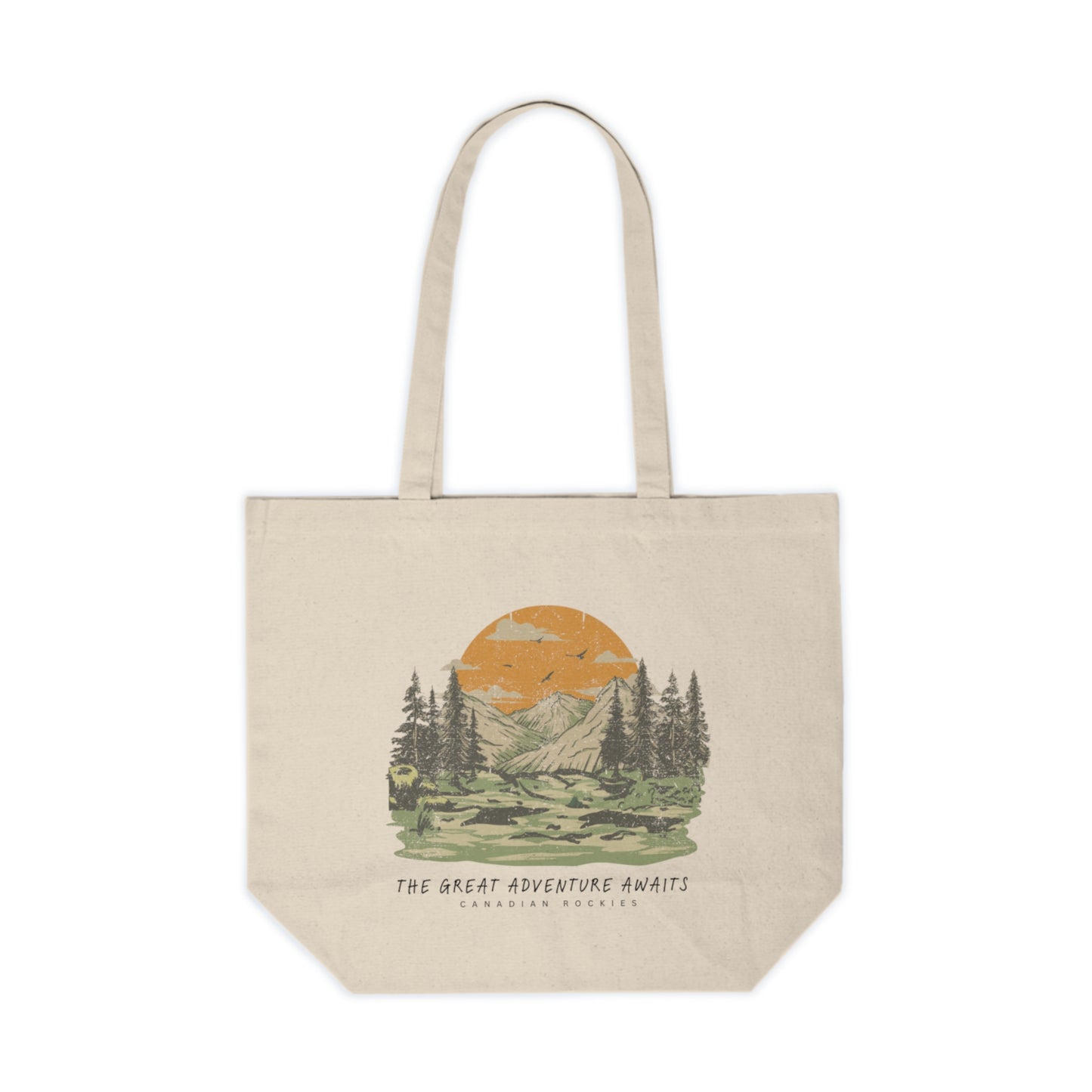 Beige tote bag with nature-themed design and text on a white background
